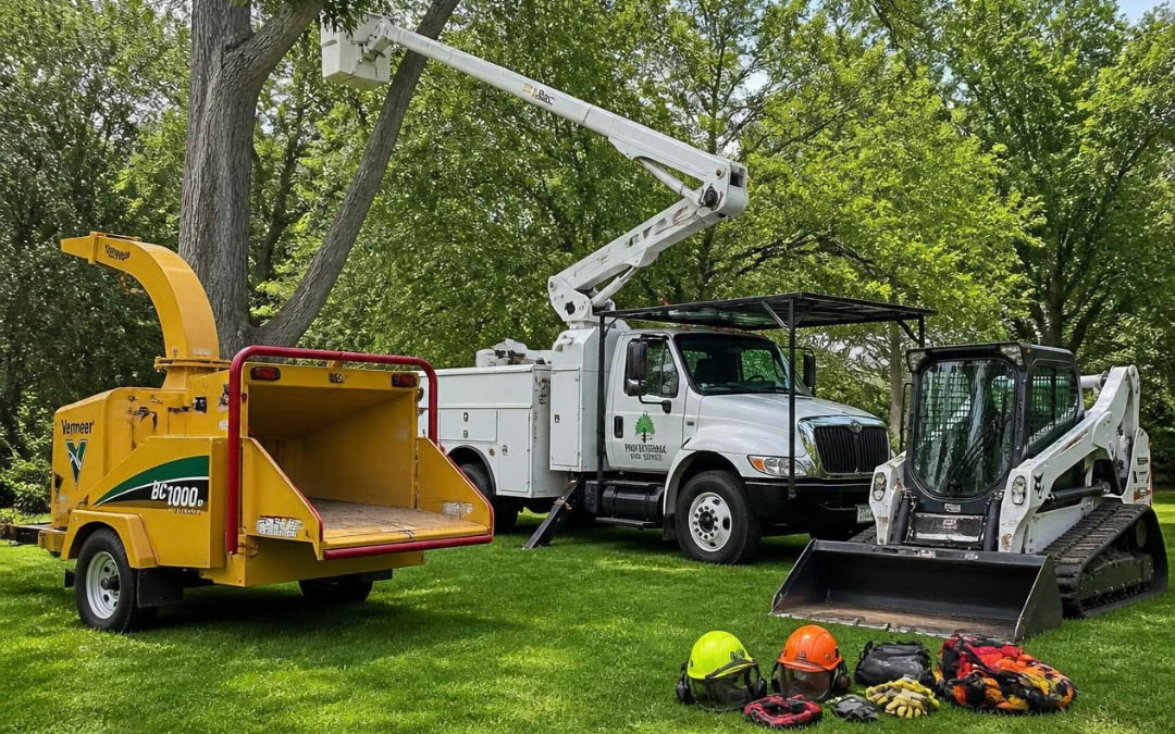 Tree trimming equipment including wood chipper, bucket truck, skid-steer loader, and safety gear on lawn